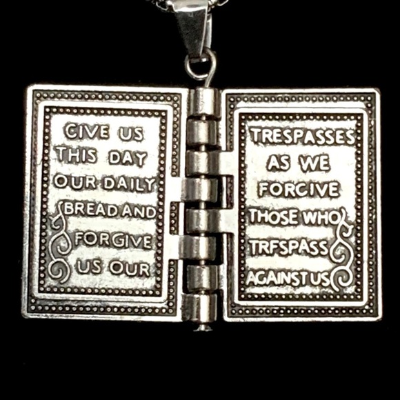 Bible Necklace 4 Pages Turnable Lords Prayer Pages 27” Box Chain Silver Tone - Picture 13 of 16